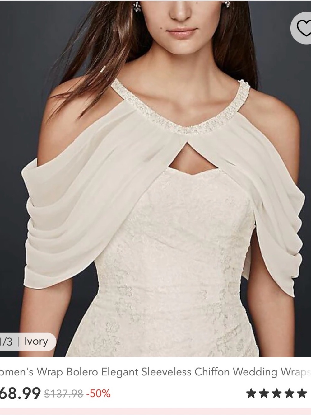 Ivory Beaded Pearl Neck Chiffon Drop Shoulder Bridal Wrap Shawl